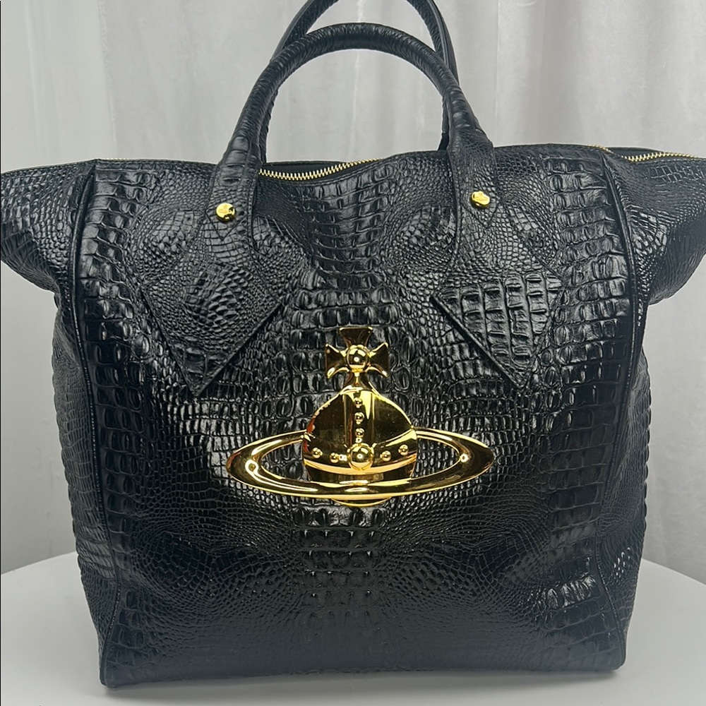 Vivienne Westwood Black Croc-Embossed Tote Bag with Gold Accents